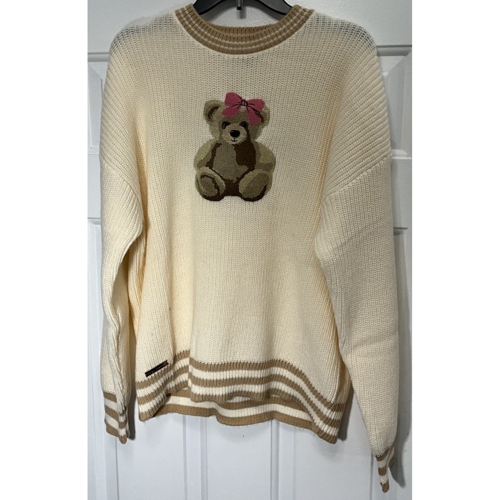 Simply Southern Cream Embroidered Bear Pink Bow Sweater Women's XL